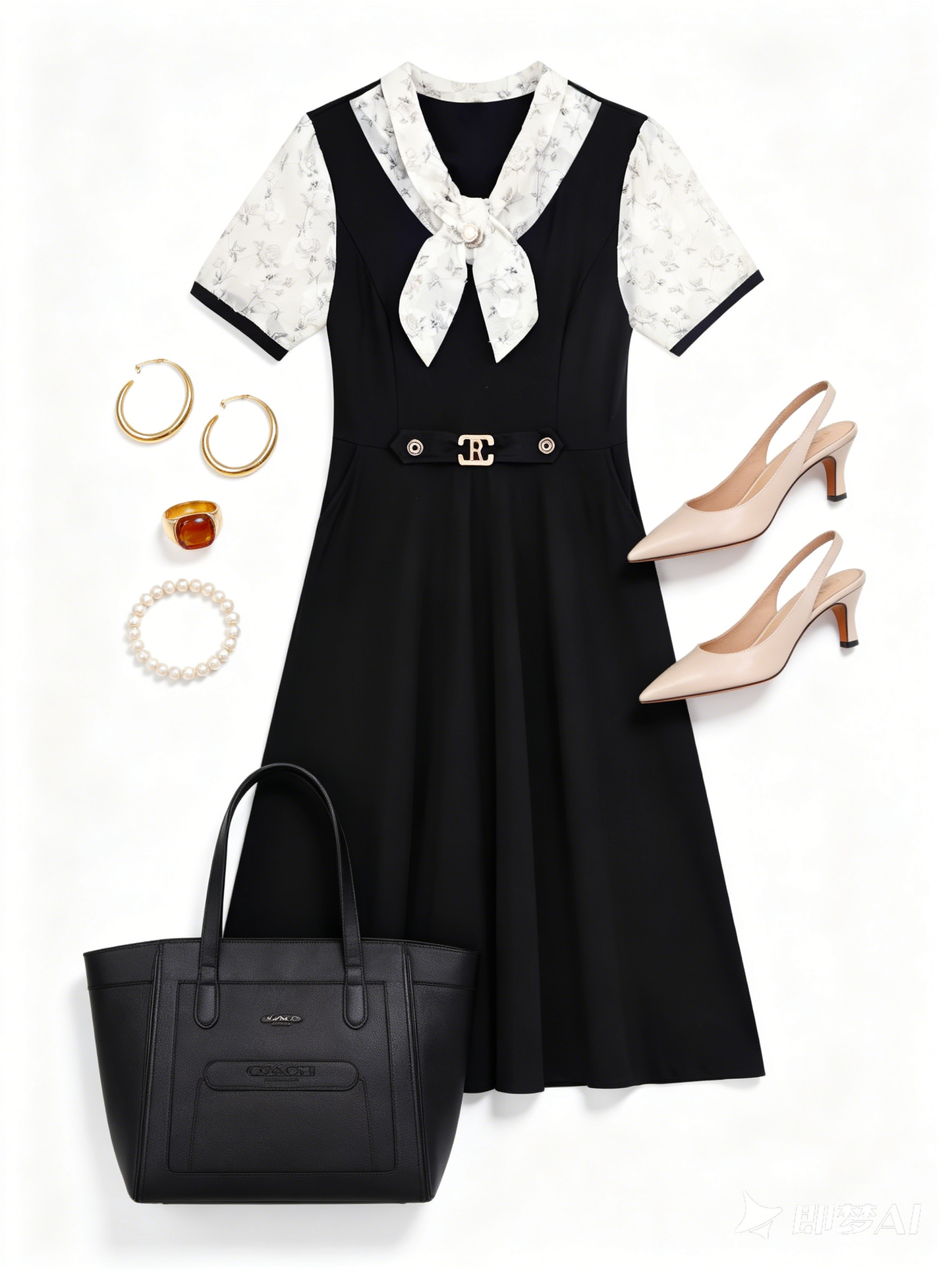 Elegant Floral Tie Neck Midi Dress - LAI MENG FIVE CATS
