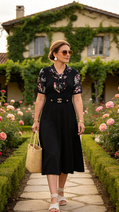 Elegant Floral Sleeve A-Line Midi Dress - LAI MENG FIVE CATS