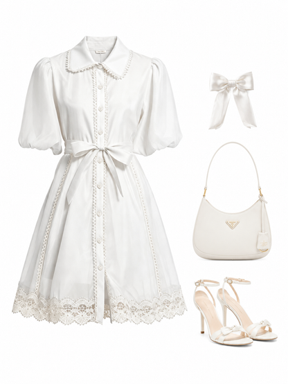 White Lace Trim Chiffon Mini Dress