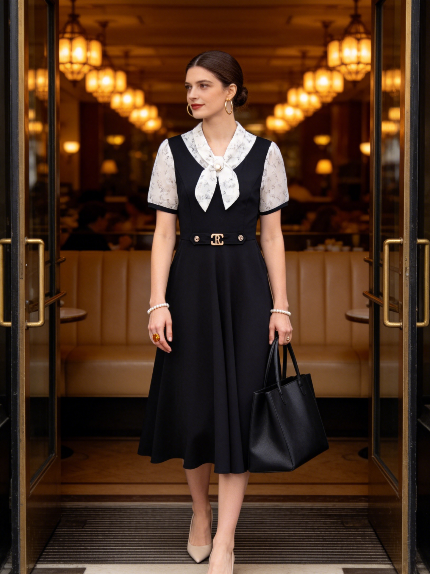 Elegant Floral Tie Neck Midi Dress - LAI MENG FIVE CATS