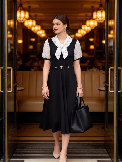 Elegant Floral Tie Neck Midi Dress - LAI MENG FIVE CATS