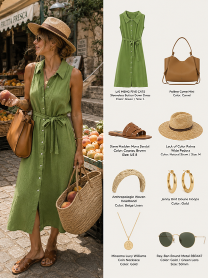 Green Sleeveless Button Front Belted Midi Dress with Pockets