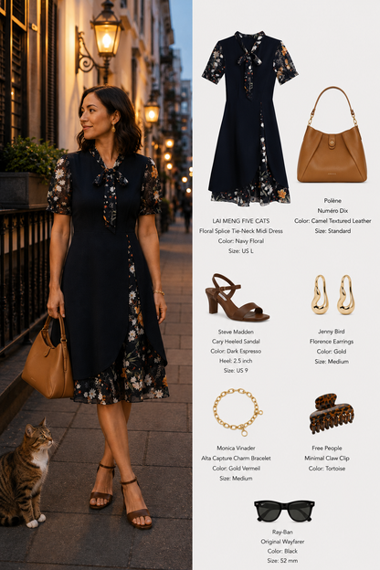 Floral Short Sleeve Tie-Neck Midi Dress