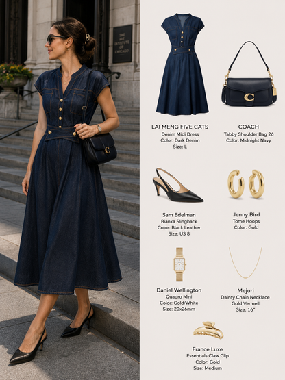 Casual Elegance V-Neck Denim Midi Dress with Pockets