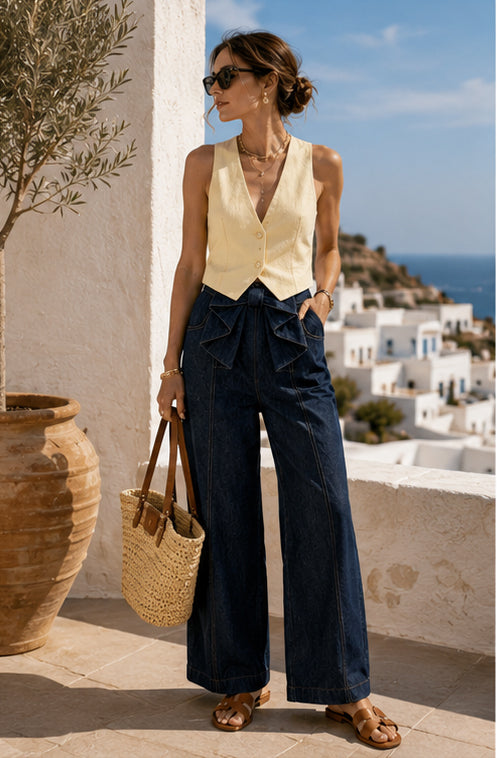 Bow Waist Wide Leg Jeans – Dark Wash Resort Denim Pants