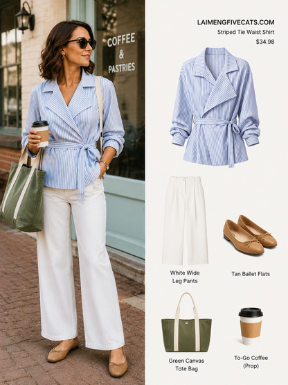 Blue Striped Tie-Waist Shirt | Relaxed Fall Everyday Top