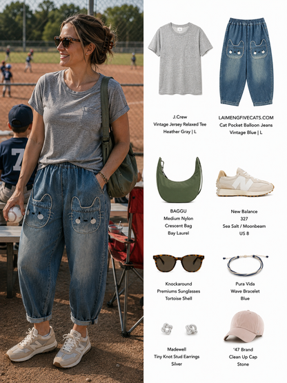 Women's Baggy Jeans Pattern Elastic Waist Pants - LAI MENG FIVE CATS