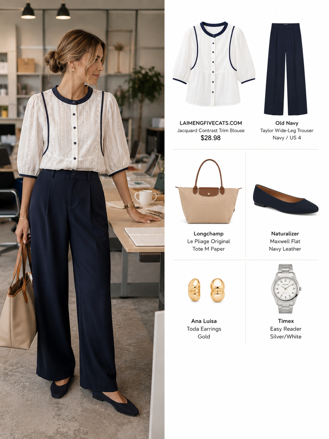 Jacquard Contrast Trim Blouse – White & Navy