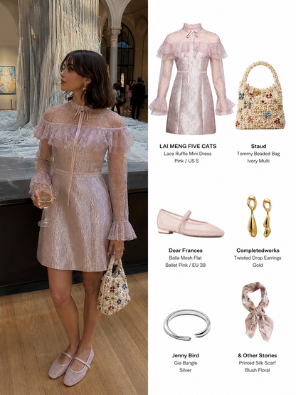Pink Lace Ruffle Tie-Neck Mini Dress - LAI MENG FIVE CATS