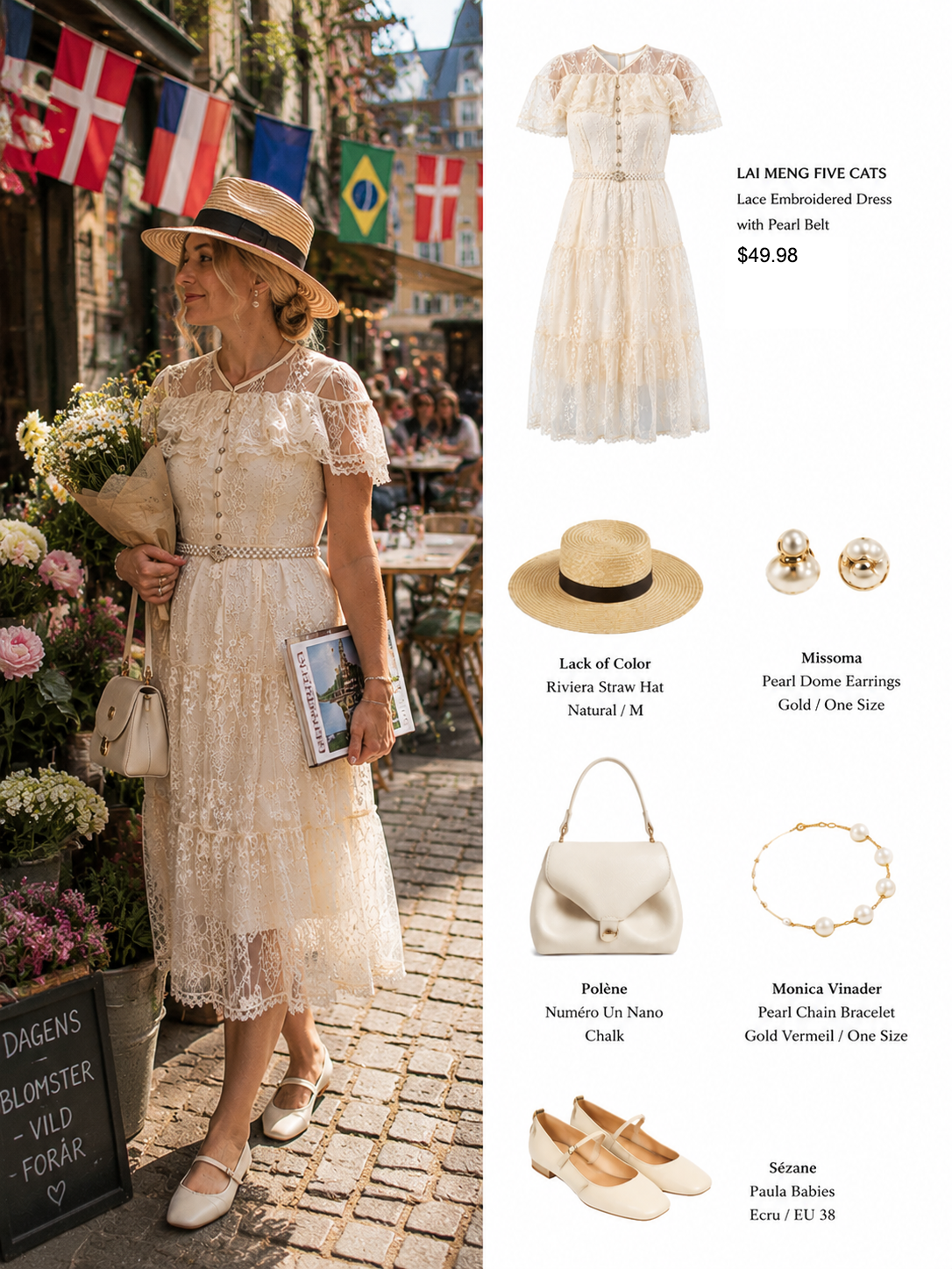 LAI MENG FIVE CATS Ivory Lace Embroidery Dress with Pearl Belt