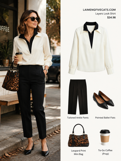 Color Block V-Neck Blouse - Contrast Half-Zip Lapel Collar Elegant Top