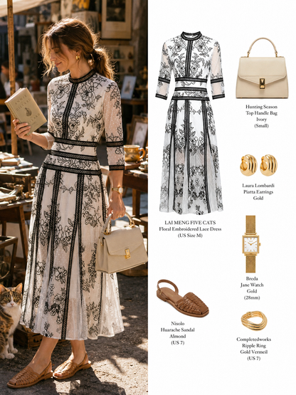 Elegant Embroidered Mesh Midi Dress – Black & White - LAI MENG FIVE CATS