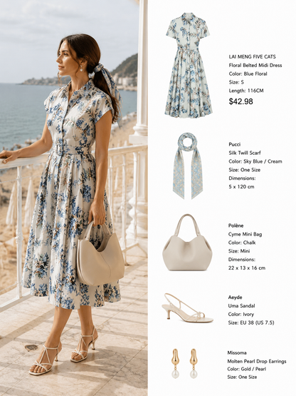 Blue Floral Belted Midi Dress – Coastal Heirloom Style
