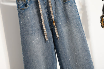 26-Women's Jeans Elastic Waist Baggy Wide Leg Denim
