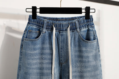 26-Women's Jeans Elastic Waist Baggy Wide Leg Denim