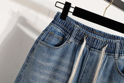 26-Women's Jeans Elastic Waist Baggy Wide Leg Denim