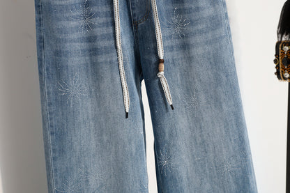 26-Women's Jeans Elastic Waist Baggy Wide Leg Denim