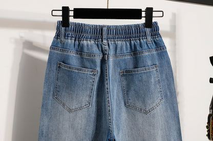 26-Women's Jeans Elastic Waist Baggy Wide Leg Denim