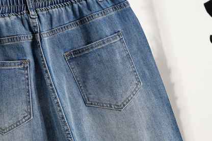 26-Women's Jeans Elastic Waist Baggy Wide Leg Denim