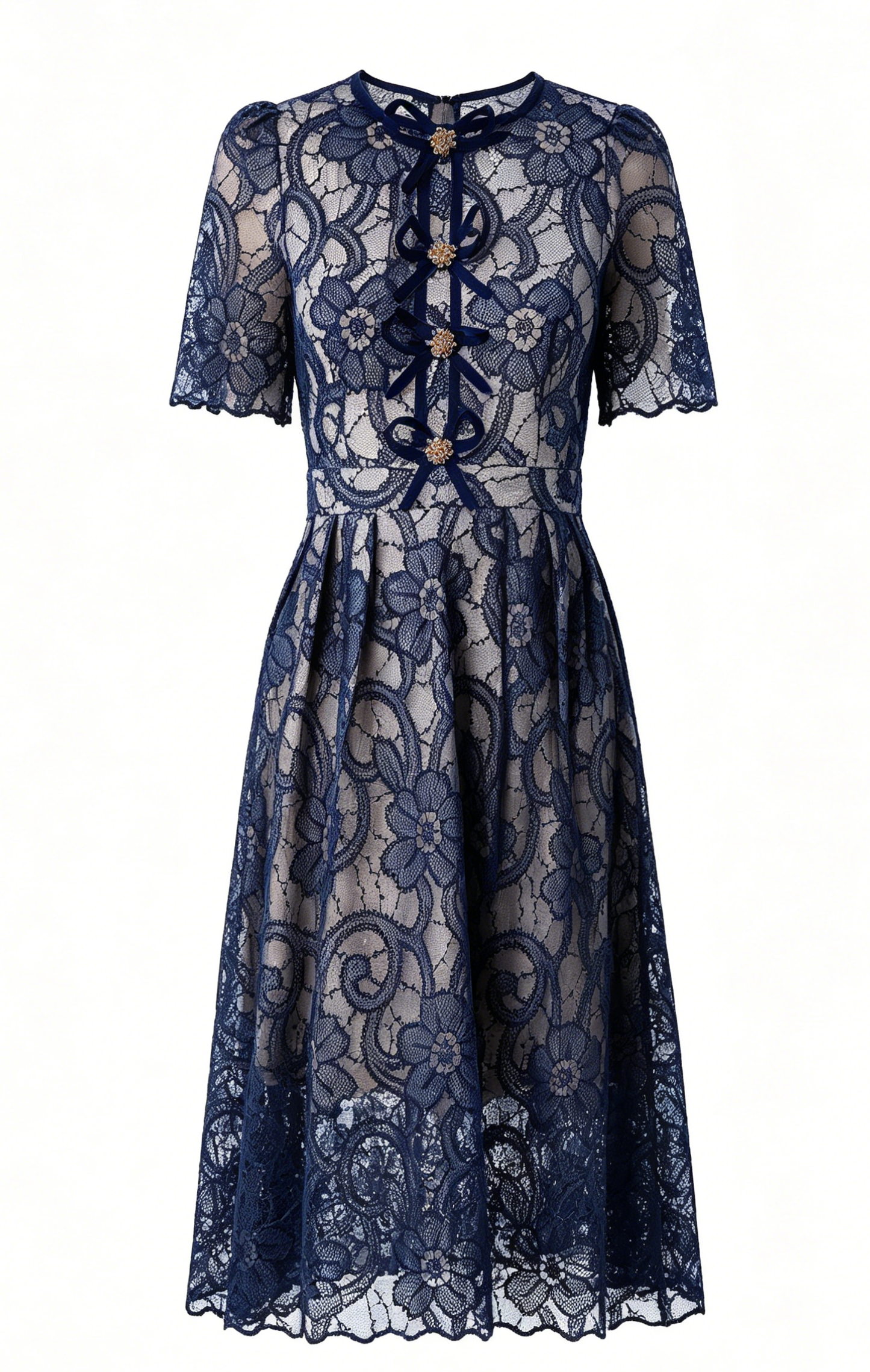 Navy Lace Bow Midi Dress – Classy Feminine Occasion Dress