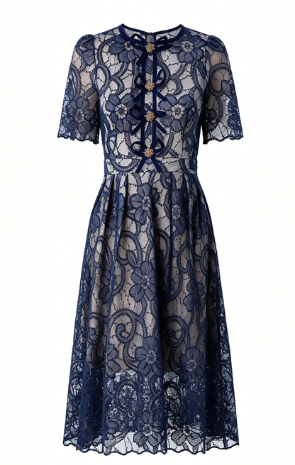 Navy Lace Bow Midi Dress – Classy Feminine Occasion Dress
