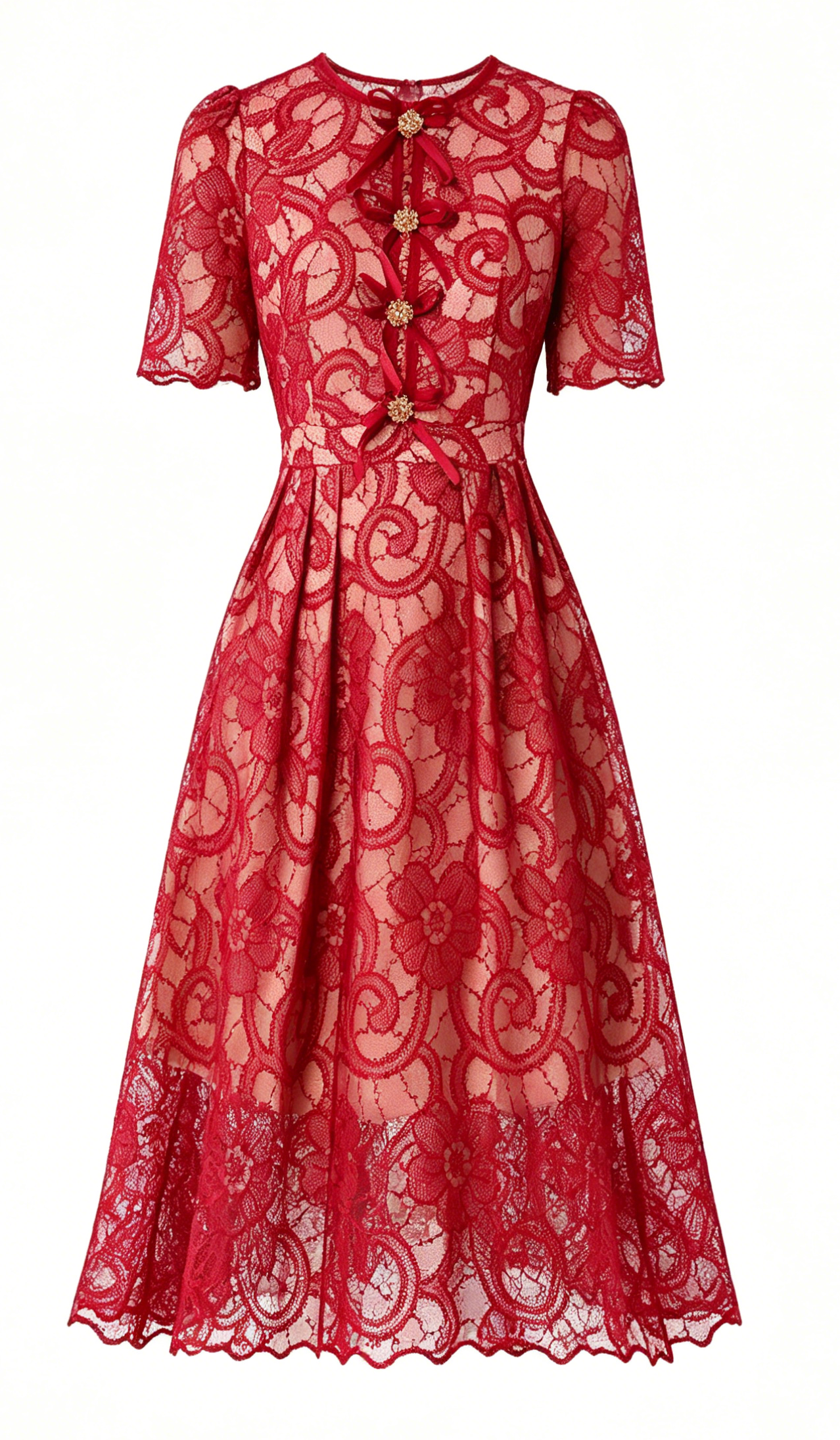Red Lace Bow Midi Dress – Elegant Romantic Summer Party Dress
