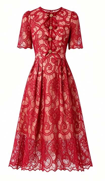 Red Lace Bow Midi Dress – Elegant Romantic Summer Party Dress