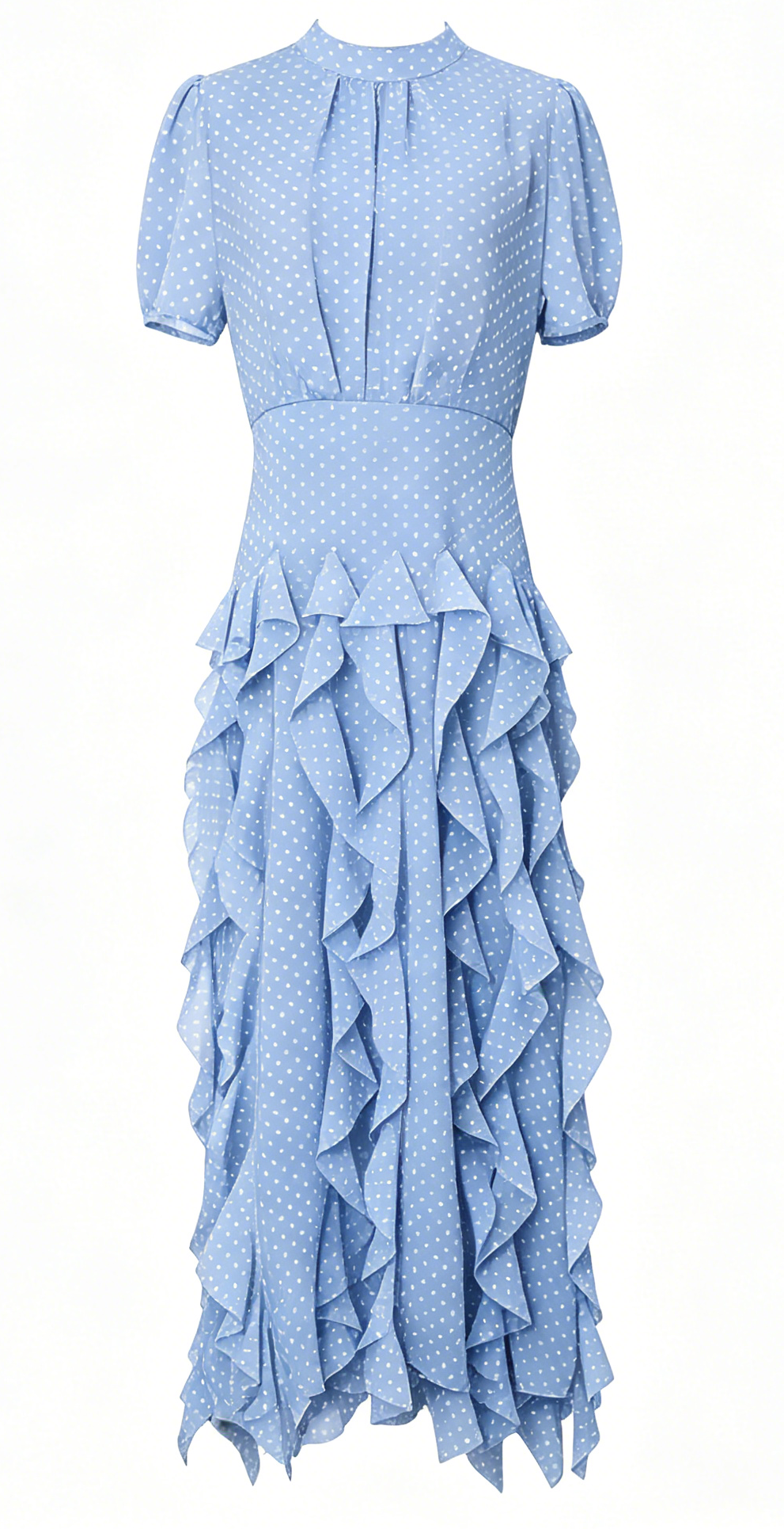 Blue Short Sleeve Polka Dot Ruffle Chiffon Maxi Dress - LAI MENG FIVE CATS