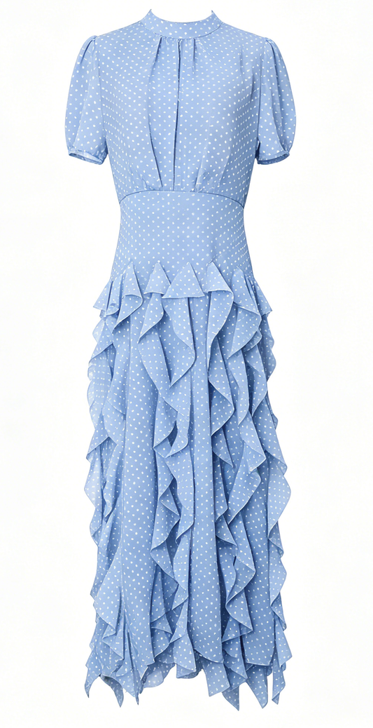 Blue Short Sleeve Polka Dot Ruffle Chiffon Maxi Dress