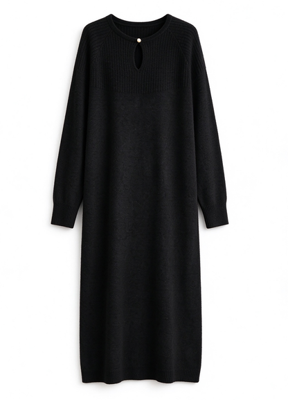 28721 Women's Keyhole Neck Knit Midi Dress – Relaxed Fit | 3 Colors