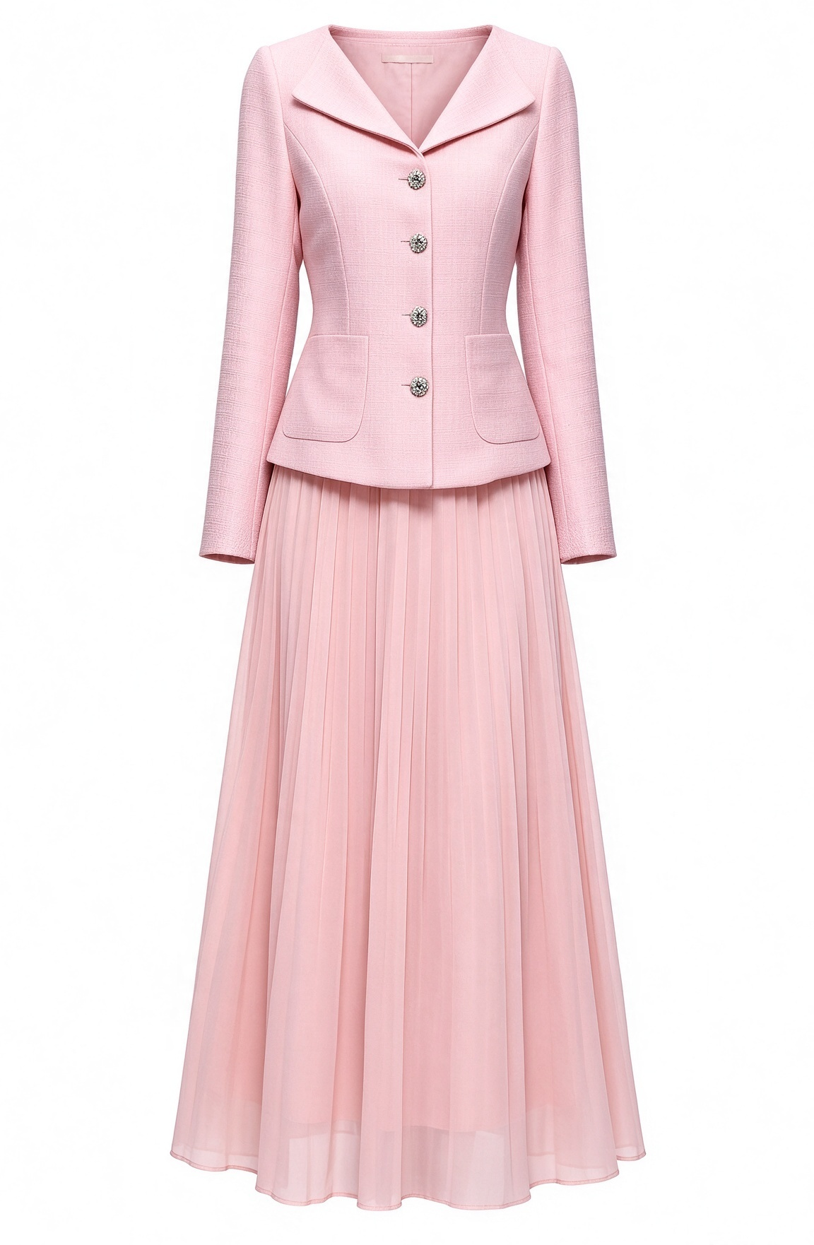 28730 Elegant Two-Piece Pleated Maxi Skirt Set – Pink, Beige & Black