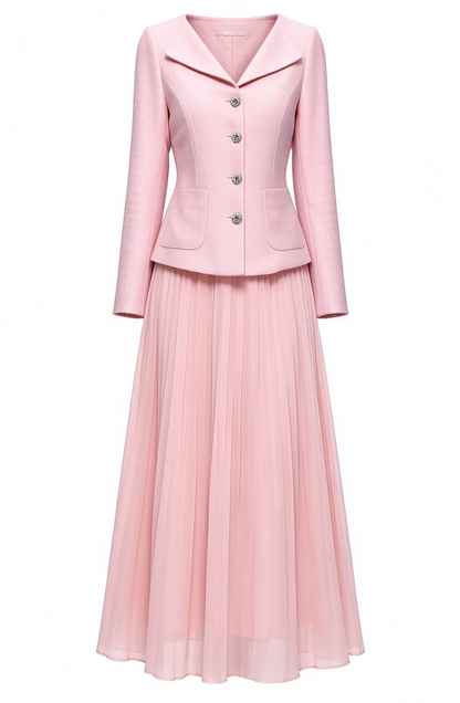 28730 Elegant Two-Piece Pleated Maxi Skirt Set – Pink, Beige & Black