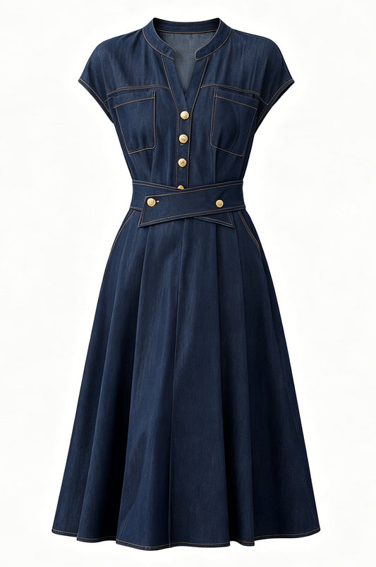 Casual Elegance V-Neck Denim Midi Dress with Pockets