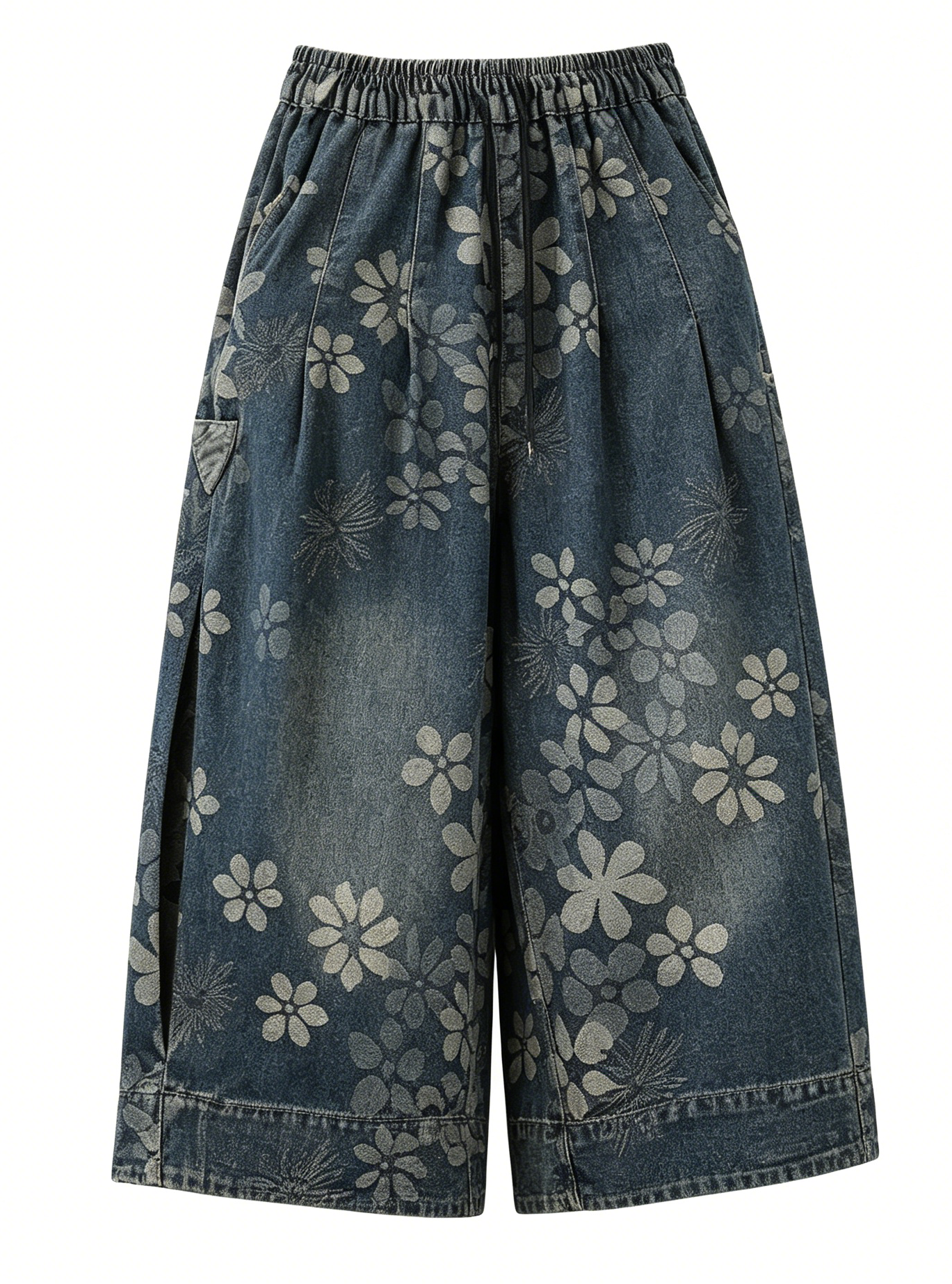 Floral Print Cropped Wide Leg Denim Pant