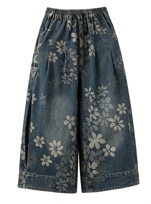 Floral Print Cropped Wide Leg Denim Pant