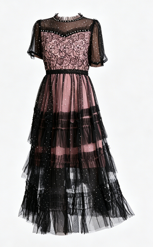 Black Sheer Sleeves Lace Glitter Tulle Dress