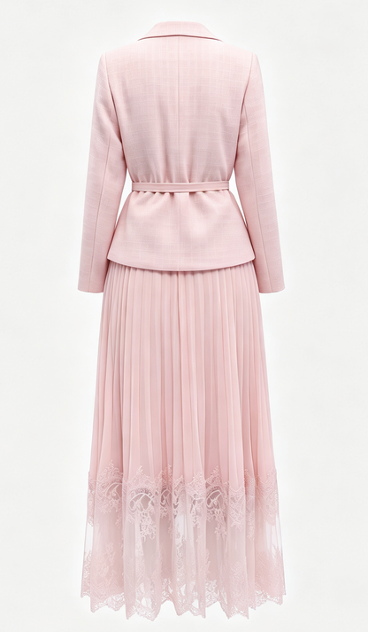 Elegant Two-Piece Pleated Skirt Suit Set for Women | Pink, Black & Beige