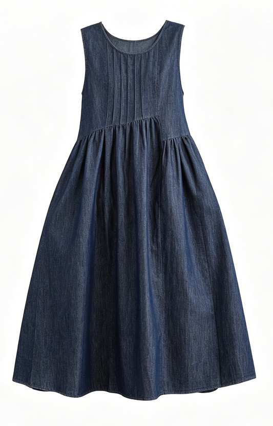 Casual Sleeveless Denim Loose Vest Midi Dress with Pockets