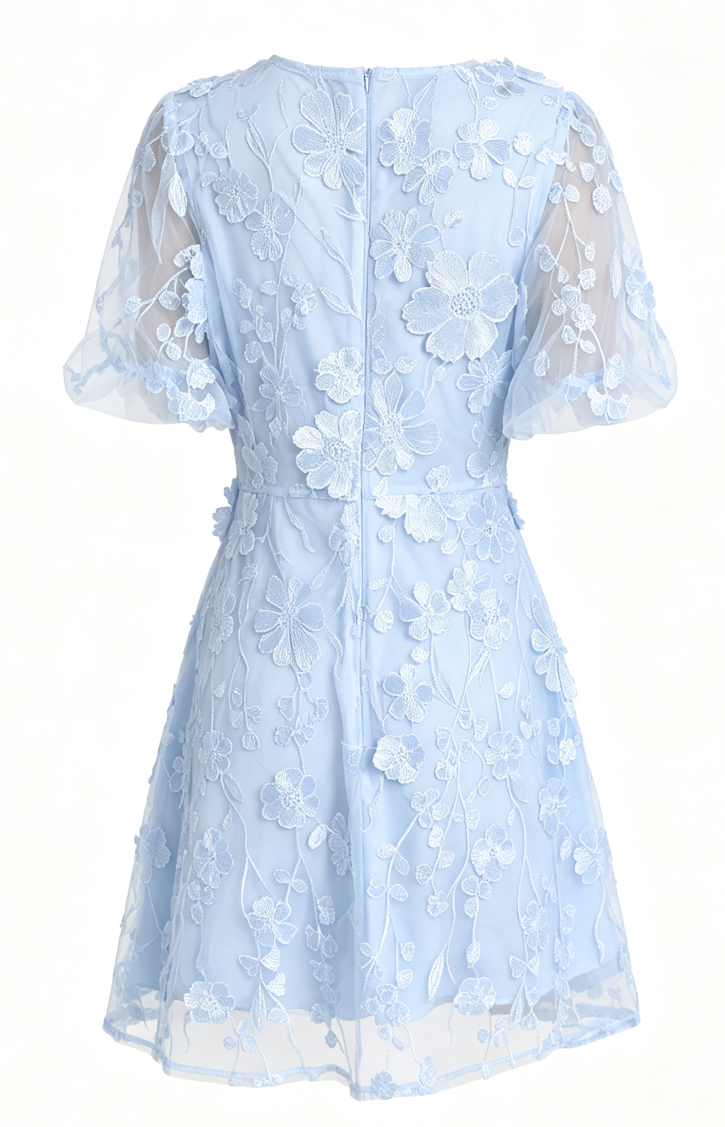 Light Blue 3D Floral Embroidered Mini Dress