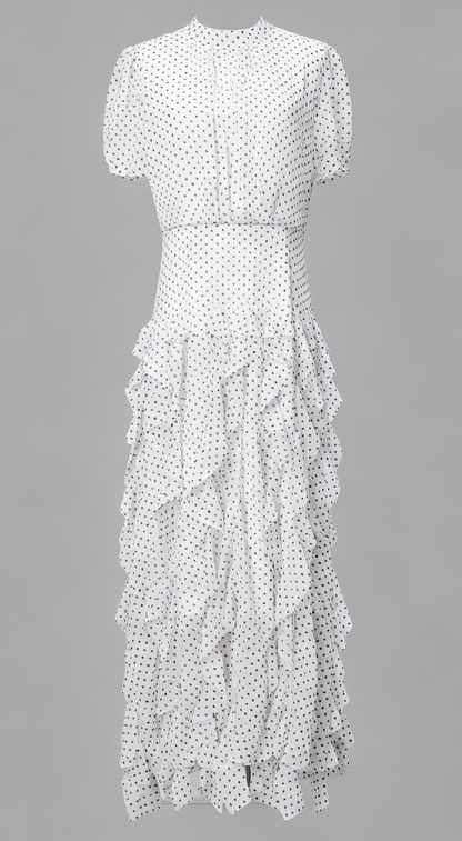 White Polka Dot Ruffle Chiffon Maxi Dress