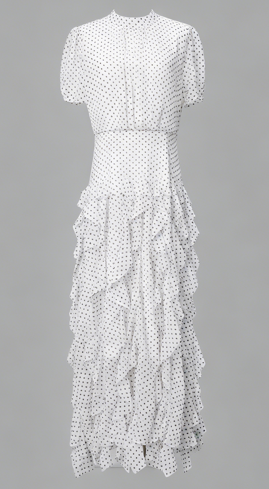 White Polka Dot Ruffle Chiffon Maxi Dress