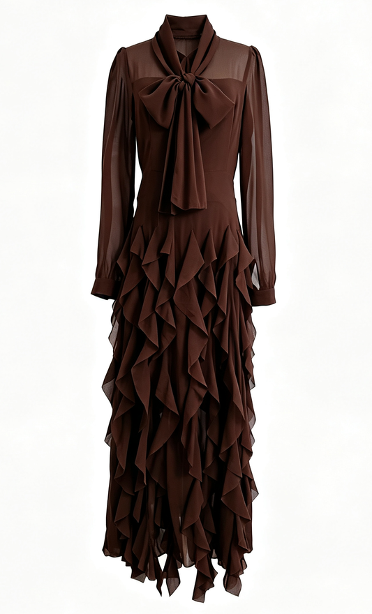 Elegant Chiffon Maxi Dress with Scarf Neck & Rhinestone Fringe