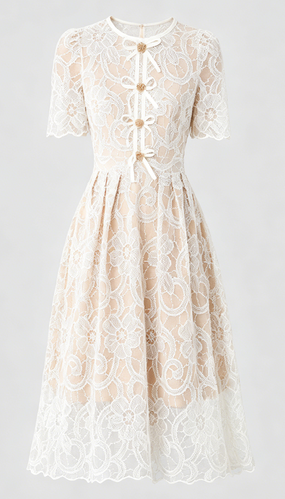 Cream Lace Bow Midi Dress – Romantic Puff Sleeve Summer Dress