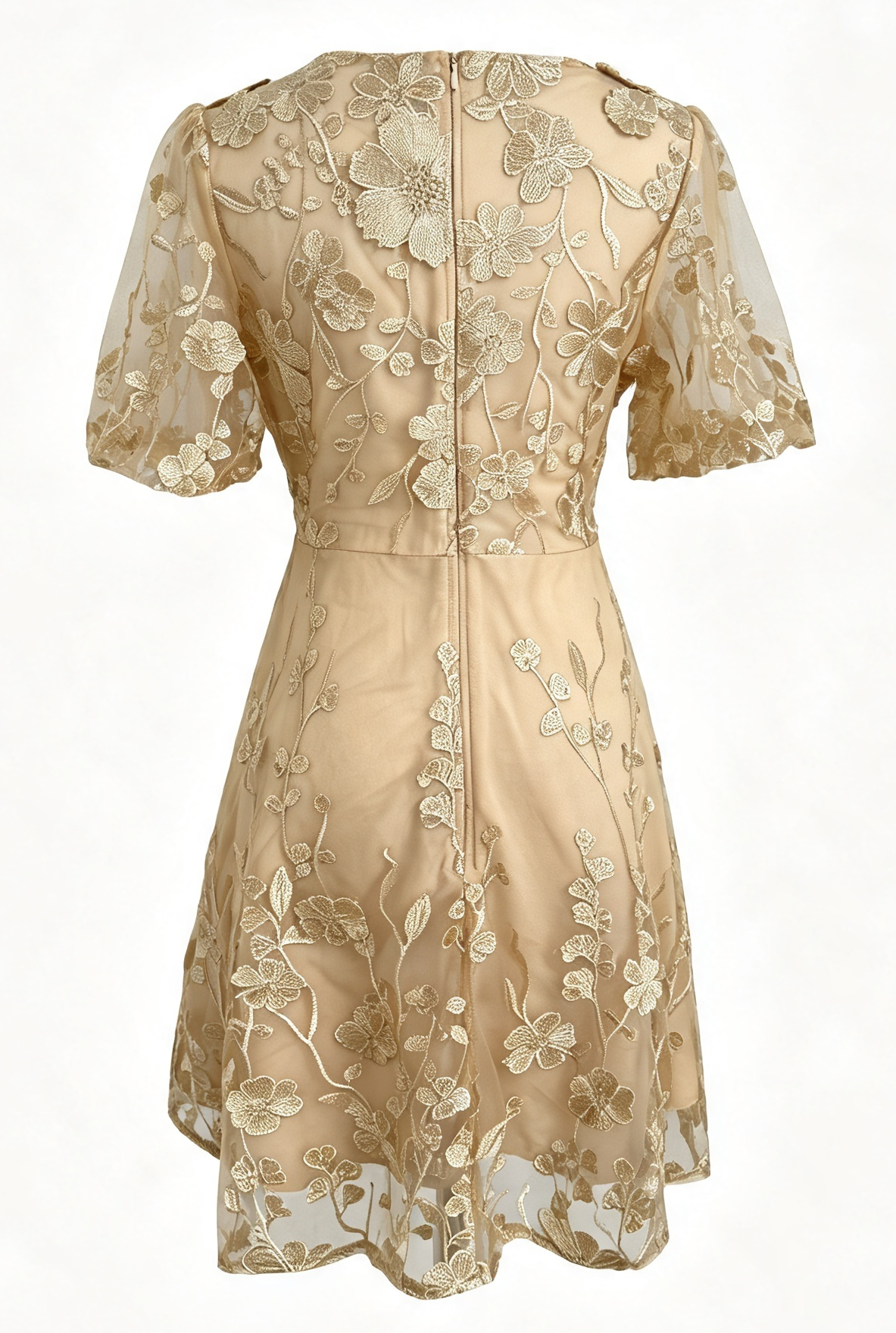 Khaki Floral Embroidered V-neck Elegant Mini Dress