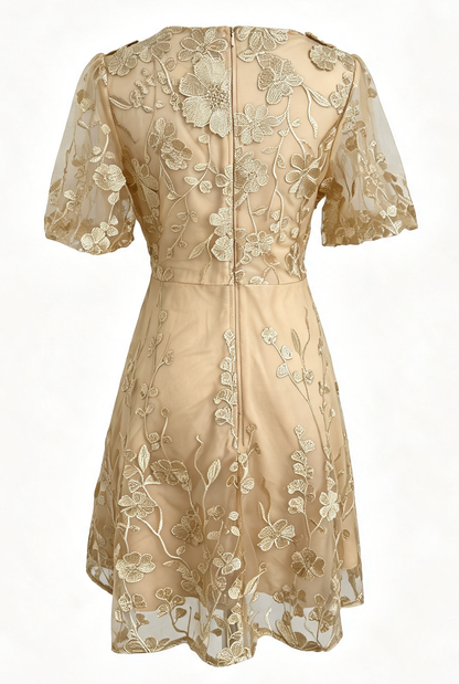 Khaki Floral Embroidered V-neck Elegant Mini Dress
