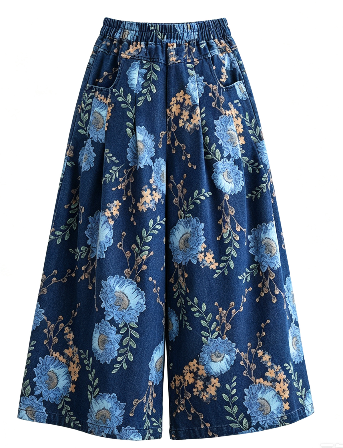 26804 Blue Floral Print Wide-Leg Jeans with Elastic Waist