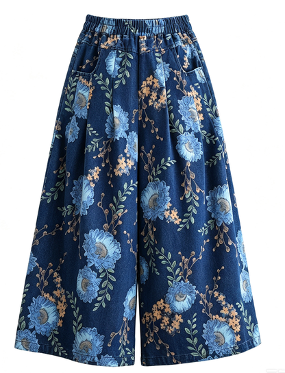 26804 Blue Floral Print Wide-Leg Jeans with Elastic Waist