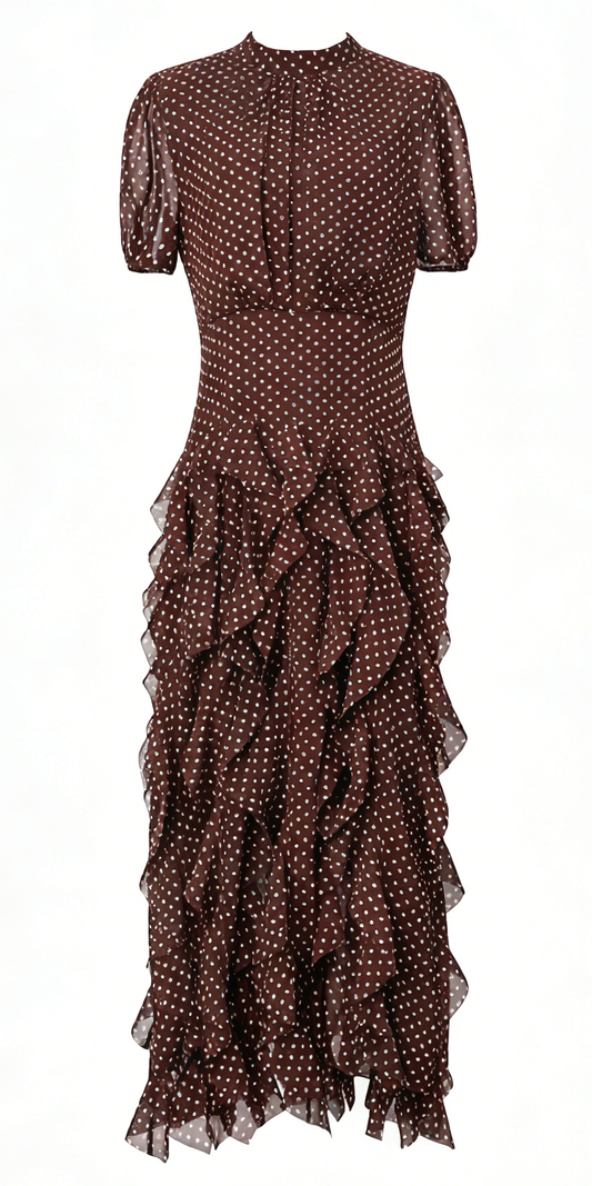 Dark Brown Polka Dot Ruffle Chiffon Maxi Dress