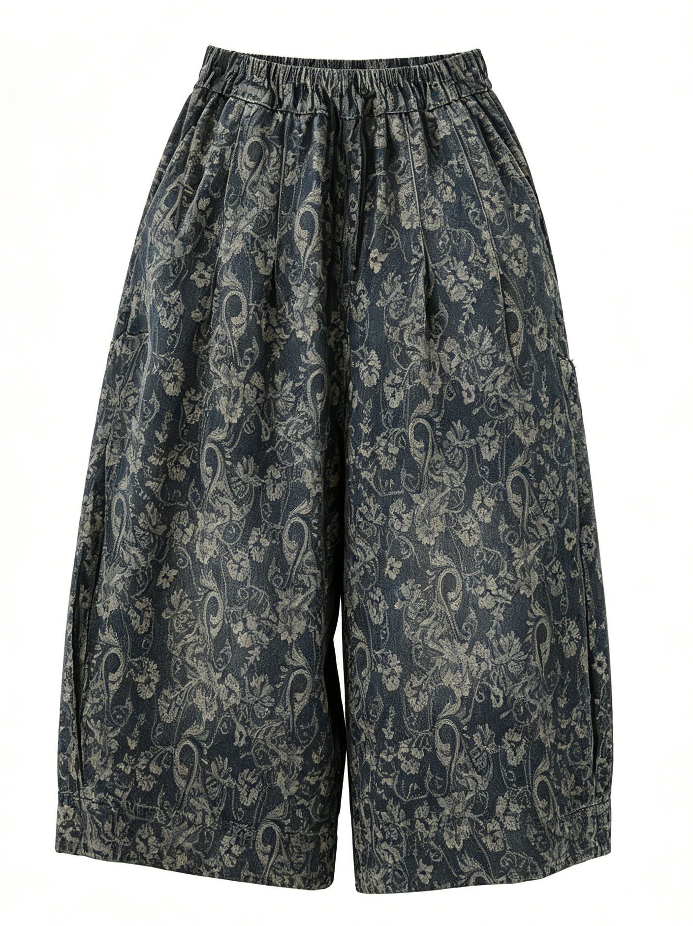 Paisley Print Cropped Wide Leg Denim Pants