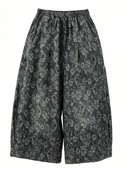 Paisley Print Cropped Wide Leg Denim Pants